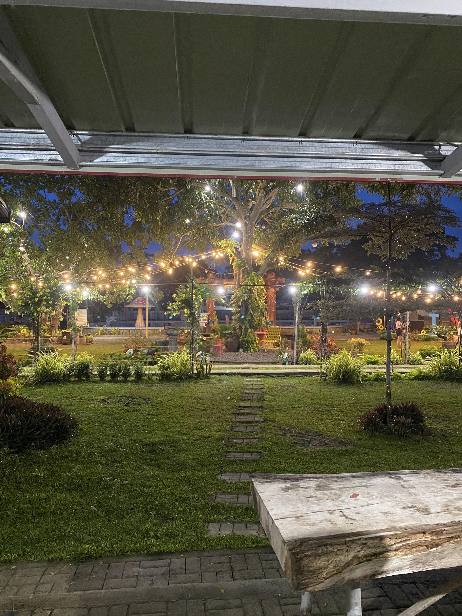 Garden pathway lit up at night